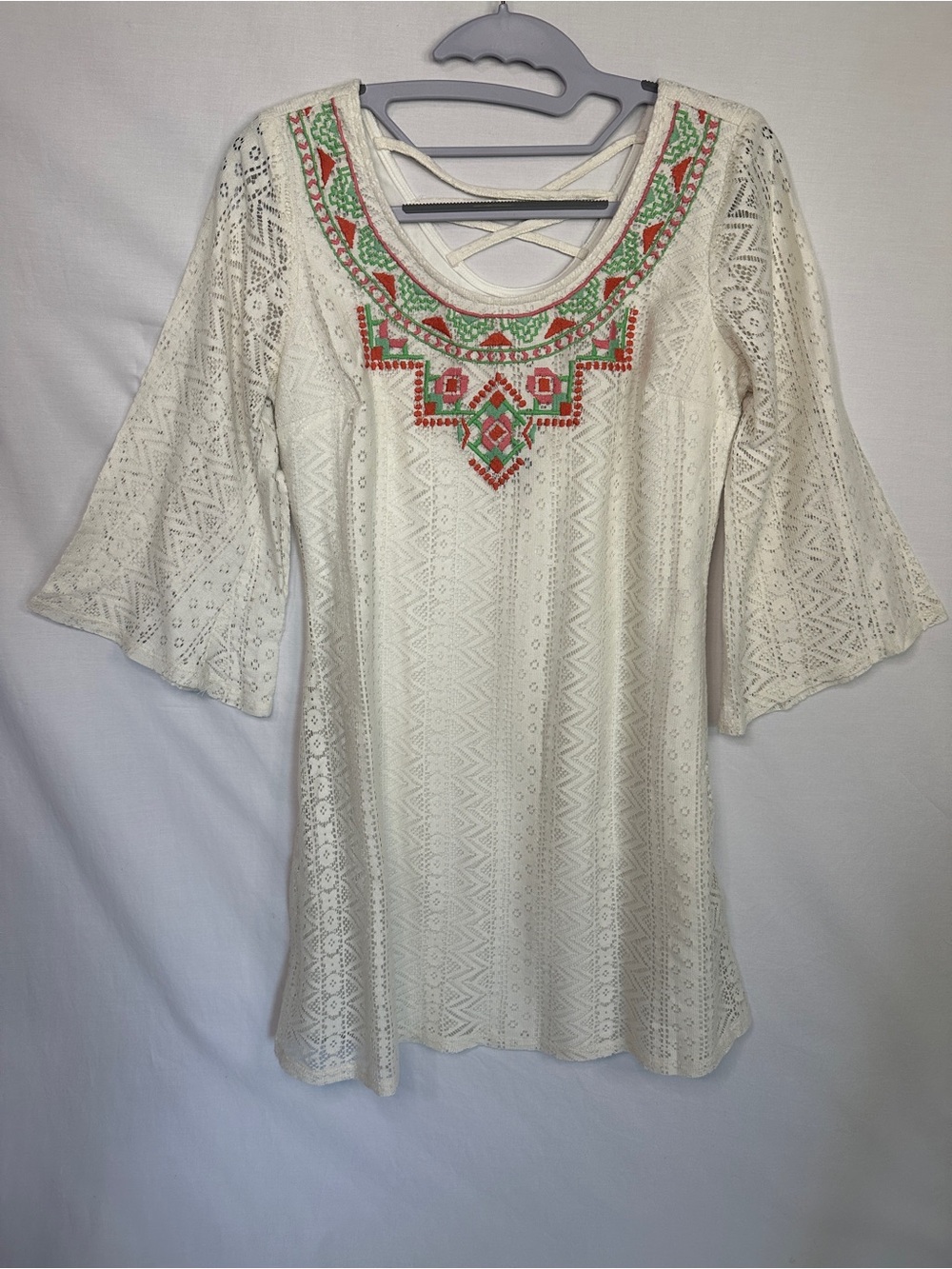 Red Camel Off White Lace Dress with Green & Coral Embroidered Yoke